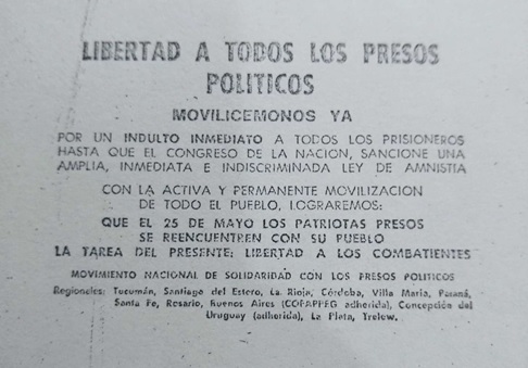 Afiche del Movimiento Nacional de  Solidaridad con los Presos Políticos, Estudiantiles y Gremiales, Regional Santa  Fe, enero de 1973. Caja 39, APMSF