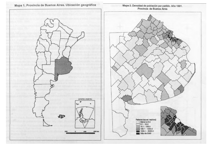 Ubicación de la provincia de
Buenos Aires en el esquema nacional y distinción de sus partidos acorde a la
densidad de población para 1991