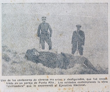 Fotografía del cuerpo de una
víctima publicada en “Los crímenes de la Patagonia no pueden quedar impunes” (Unión
Sindical, 8 de abril de 2022, p. 1)